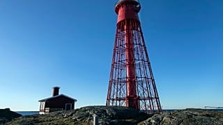 The lighthouse and cabin, which will act as a screening rooms, on the island of Hamneskar, western Sweden on Saturday, Jan. 30, 2021. 