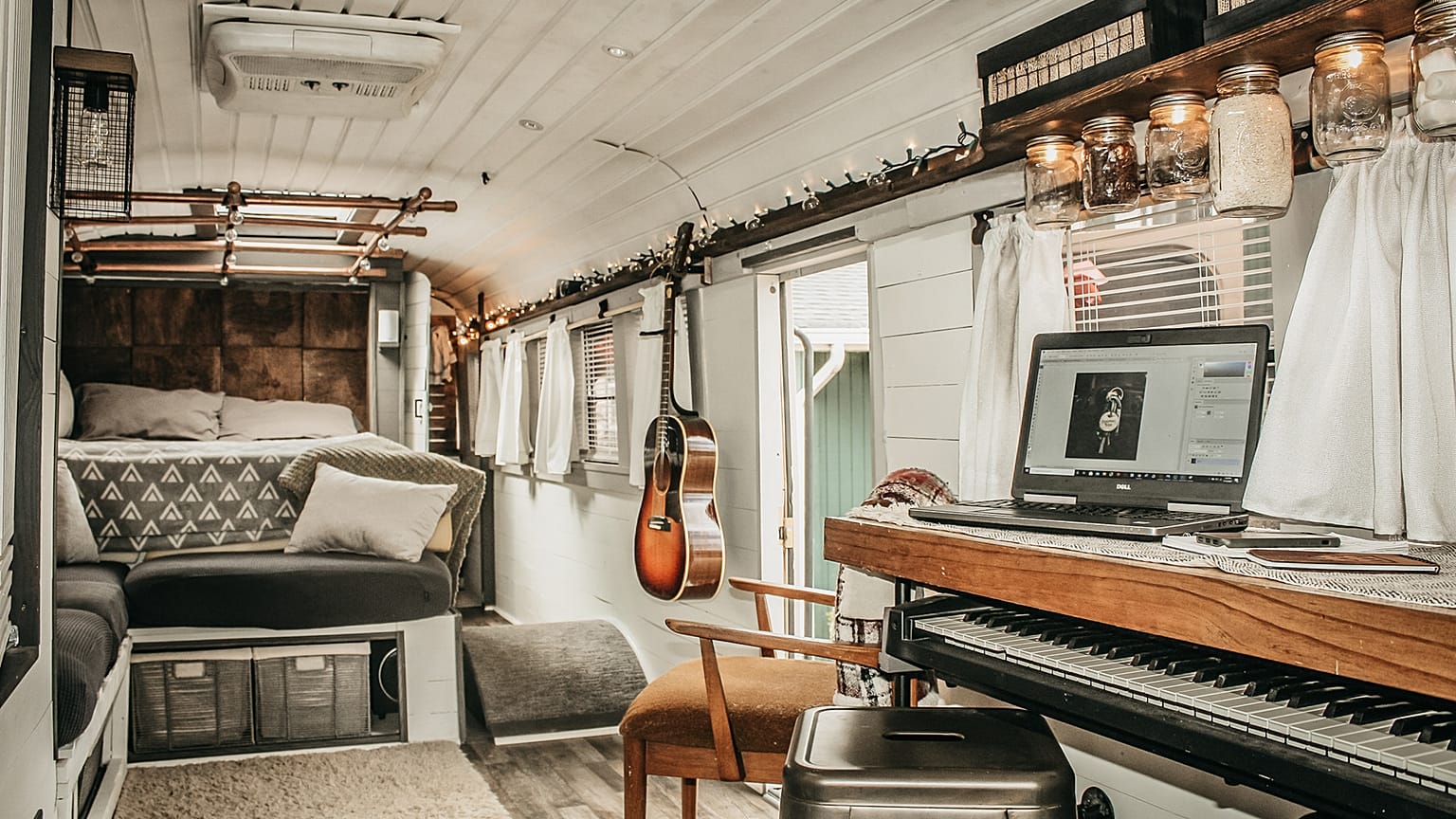 Inside Caleb Brackney's school bus converted into a tiny house
