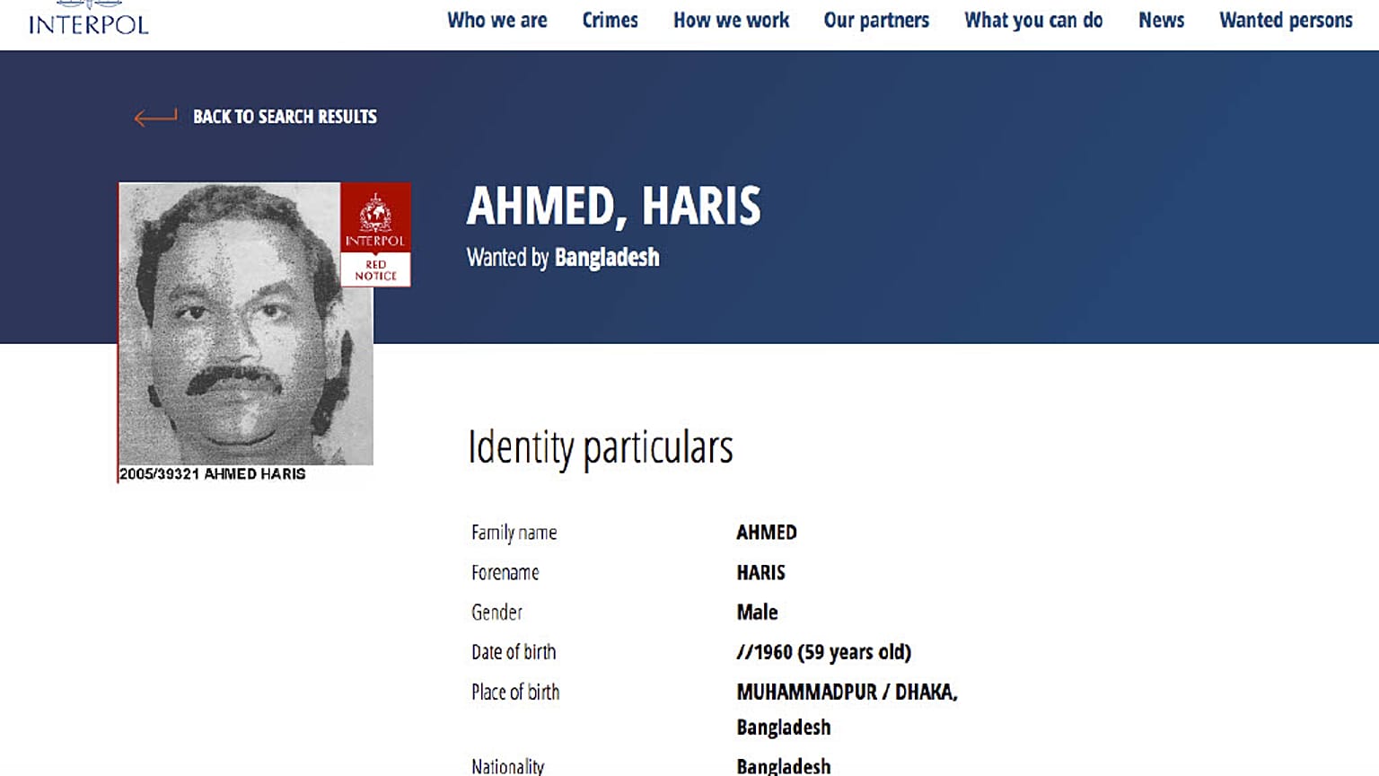 Haris Ahmed nemzetközi körözési adatai