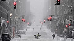 A snow-covered street in the midtown area of Manhattan, New York City