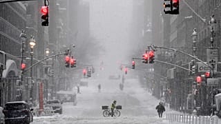 A snow-covered street in the midtown area of Manhattan, New York City