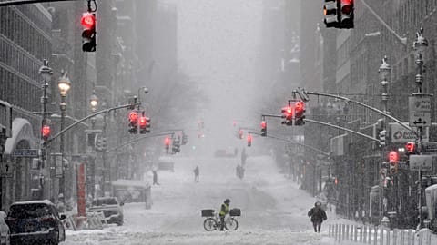 A snow-covered street in the midtown area of Manhattan, New York City
