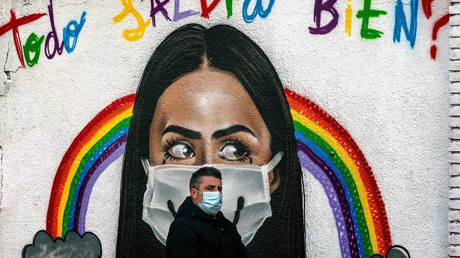 "Wird am Ende alles gut?" Wandbild zu Corona in Barcelona. 