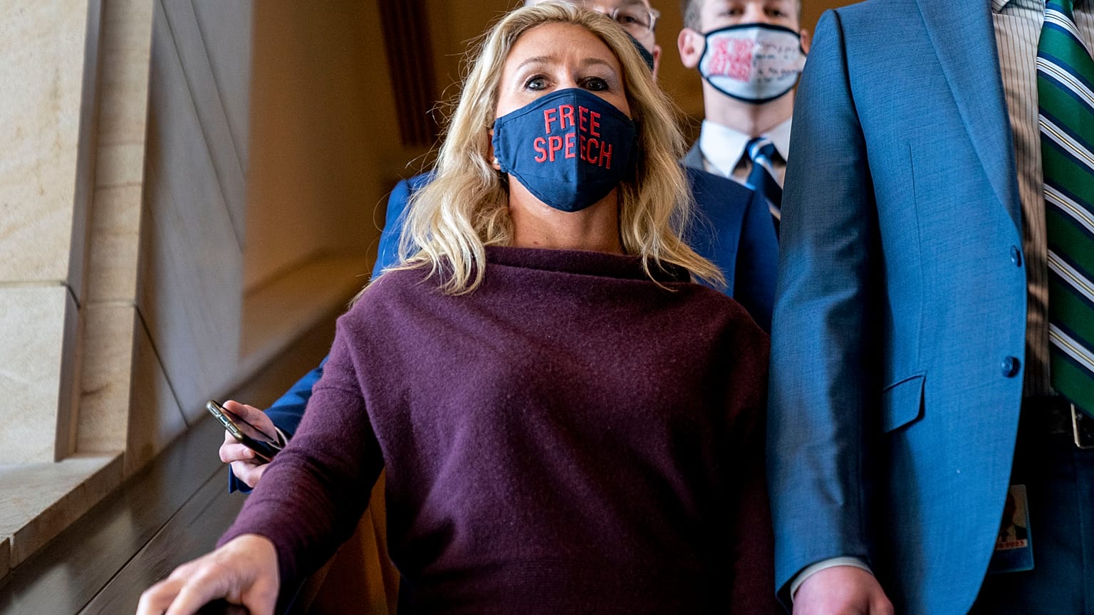 Rep. Marjorie Taylor Greene, R-Ga., goes back to her office after speaking on the floor of the House Chamber on Capitol Hill in Washington, Thursday, Feb. 4, 2021. 