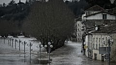 flooded houses and streets in La Reole, some 75kms east of Bordeaux, on February 4, 2021, after the River Garonne overflowed its banks following recent heavy rainfall.