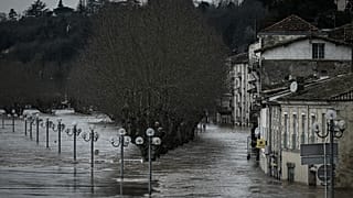 flooded houses and streets in La Reole, some 75kms east of Bordeaux, on February 4, 2021, after the River Garonne overflowed its banks following recent heavy rainfall.
