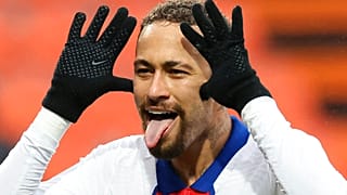 PSG's Neymar celebrates after scoring his side's second goal during the French League One football match between FC Lorient and Paris Saint-Germain