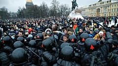 Protesters in St. Petersburg, Russia, clash with police over the jailing of opposition leader Alexei Navalny on Jan. 23, 2021.