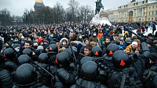 Protesters in St. Petersburg, Russia, clash with police over the jailing of opposition leader Alexei Navalny on Jan. 23, 2021.