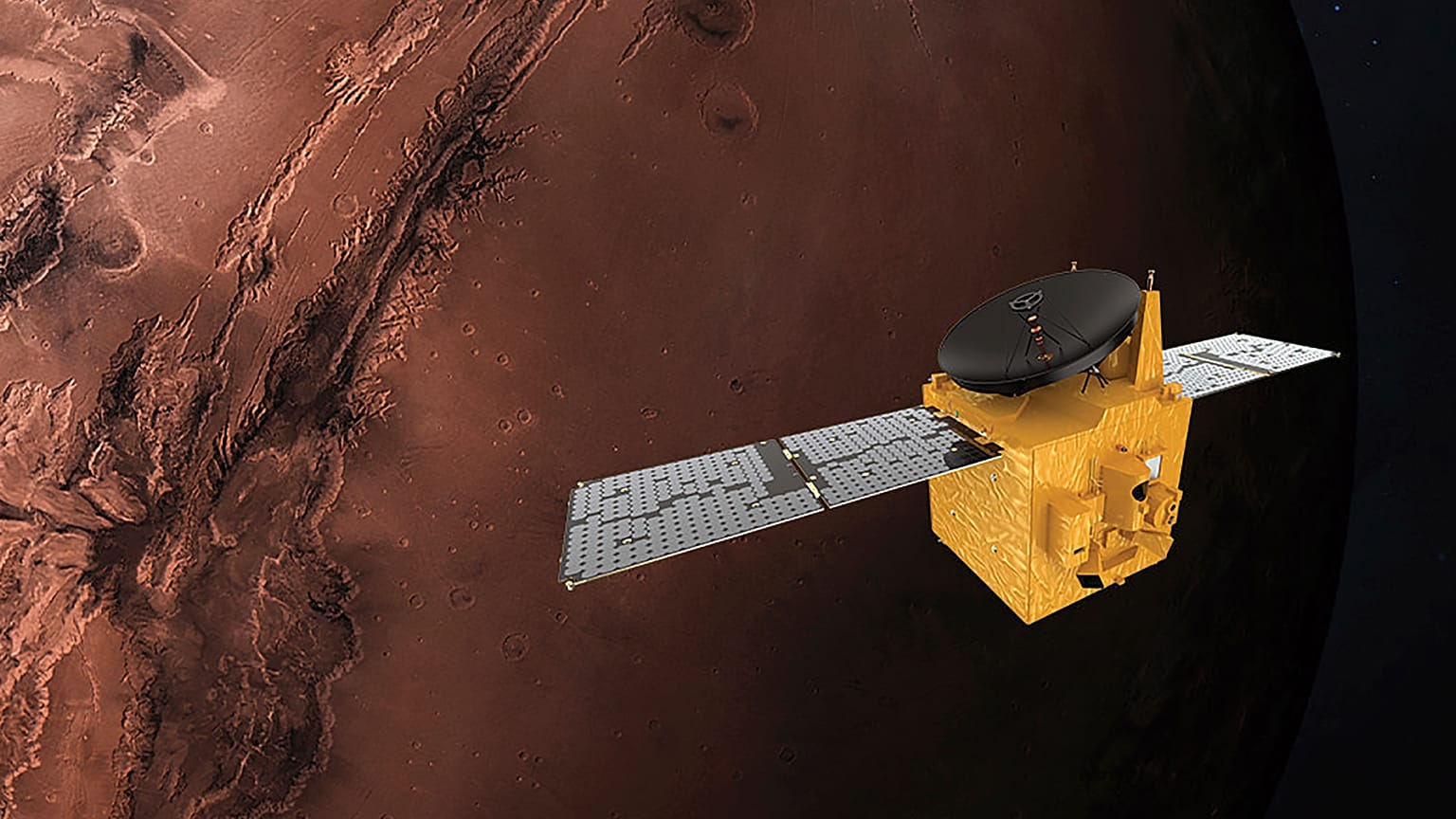 This June 1, 2020 illustration provided by Mohammed Bin Rashid Space Centre depicts the United Arab Emirates' Hope Mars probe. 