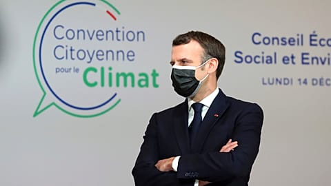 France's President Emmanuel Macron attends to the Citizens' Convention on Climate, in Paris, Dec. 14 2020.