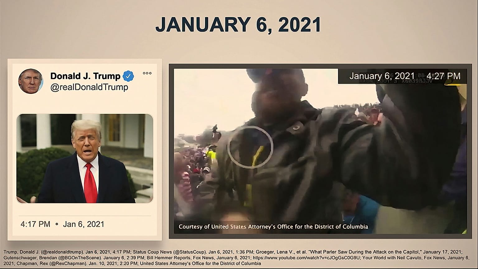 In this image from video, a video from Donald Trump is paired with police bay cam footage, as it is shown to senators 