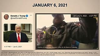 In this image from video, a video from Donald Trump is paired with police bay cam footage, as it is shown to senators 