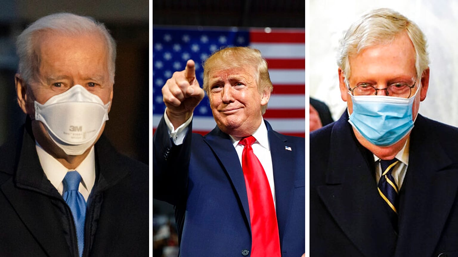 From left to right: US President Joe Biden, former president Donald Trump, and Senate minority leader Mitch McConnell