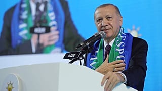 Turkish President Recep Tayyip Erdogan addresses his ruling party's supporters in the Black Sea city of Rize, Turkey, Monday, Feb. 15