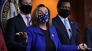 House Speaker Nancy Pelosi of Calif., with impeachment managers Rep. Eric Swalwell, D-Calif., and Rep. Joe Neguse, D-Colo. at a news conference on Capitol Hill in Washington.