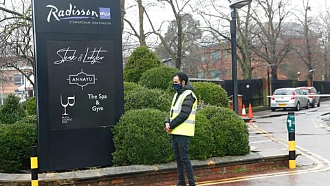 Radisson Blu Edwardian Hotel, near Heathrow Airport, London, Feb. 15, 2021 where people from flights arriving at Heathrow airport will remain during a 10 day quarantine.