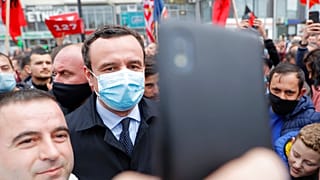 Albin Kurti, center, candidate for prime minister, in capital Pristina, Kosovo, on Thursday, Feb. 4, 2021.