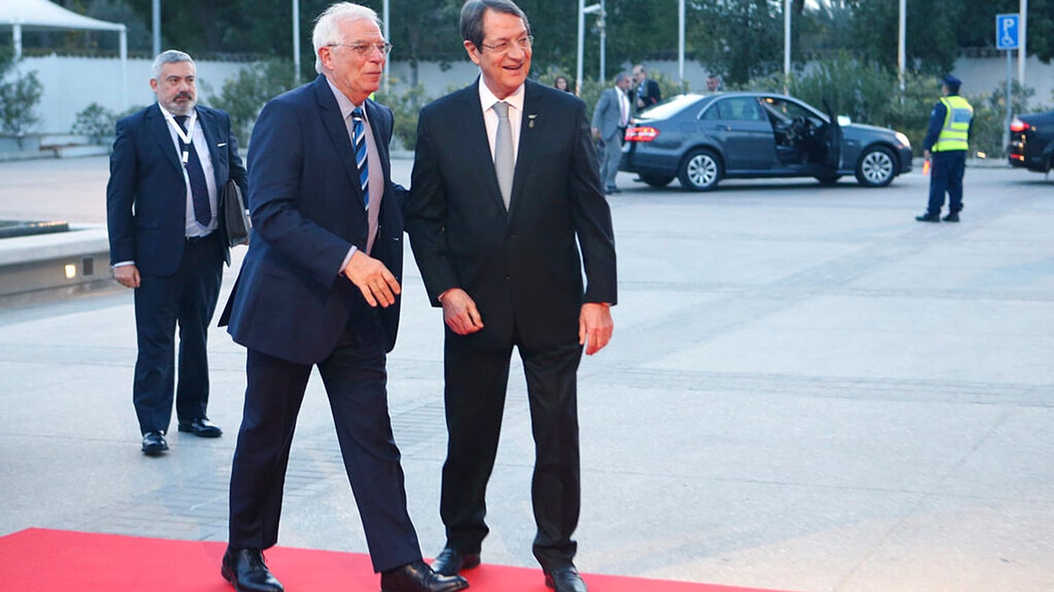 Cypriot President Nicos Anastasiades, right, welcomes the Foreign Affairs of Spain Josep Borrell 