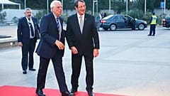 Cypriot President Nicos Anastasiades, right, welcomes the Foreign Affairs of Spain Josep Borrell 