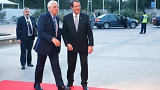 Cypriot President Nicos Anastasiades, right, welcomes the Foreign Affairs of Spain Josep Borrell 
