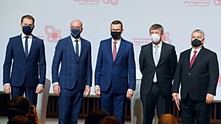 A V4-országok vezetői és Charles Michel, az Európai Tanács elnöke Krakkóban