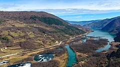 An aerial photograph shows the village of Jezero, Bosnia, Tuesday, Feb. 16, 2021