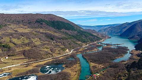 An aerial photograph shows the village of Jezero, Bosnia, Tuesday, Feb. 16, 2021