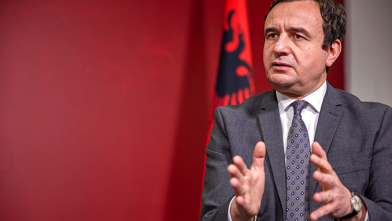 Albin Kurti leader of Vetevendosje (Self-Determination) reacts during an interview with The Associated Press in capital Pristina