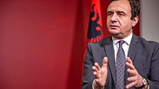 Albin Kurti leader of Vetevendosje (Self-Determination) reacts during an interview with The Associated Press in capital Pristina