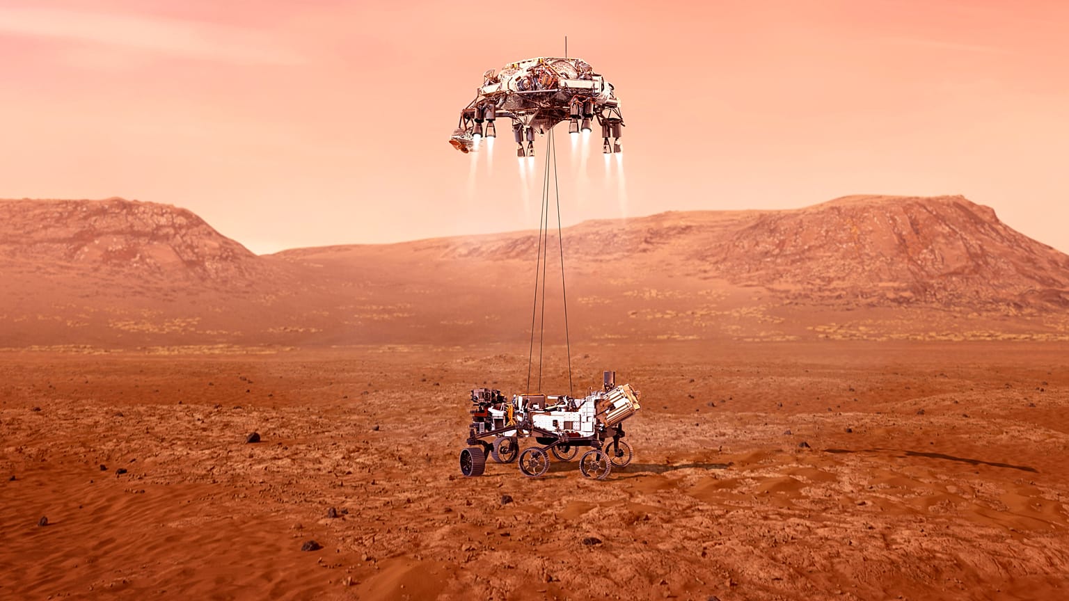 This illustration provided by NASA shows the Perseverance rover, bottom, landing on Mars. 