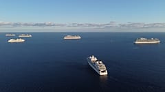 Stranded vessels are anchored around two kilometres (1.2 miles) off the coast of the southern Cypriot fishing village of Moni in the east Mediterranean 