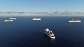 Stranded vessels are anchored around two kilometres (1.2 miles) off the coast of the southern Cypriot fishing village of Moni in the east Mediterranean 