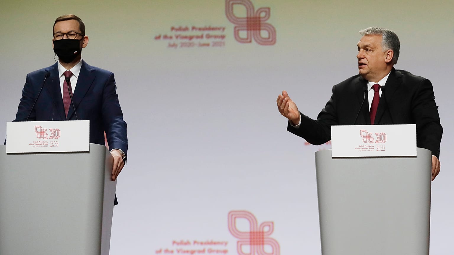 Prime Minister of Hungary Viktor Orban, right, and Polish Prime Minister Mateusz Morawiecki