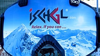A giant advertising goggle reading the slogan 'relax, if you can' stands in Ischgl, Austria, Thursday, Nov. 26, 2020.