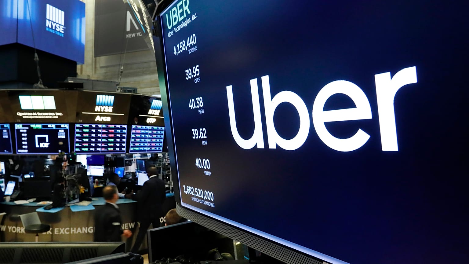 The logo for Uber appears above a trading post on the floor of the New York Stock Exchange, Thursday, May 30, 2019.