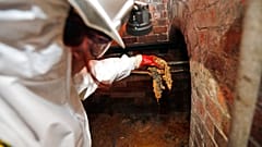 Mitarbeiterin von "Thames Water" hält ein Stück eines "Fettbergs" in einem 1852 erbauten Abwasserkanal in Westminster in London in der Hand, 25.09.2017