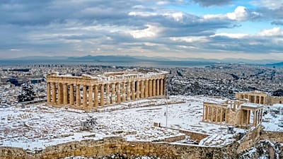 A rare sight of the ancient Acropolis covered in snow in Athens, Wednesday, Feb. 17, 2021
