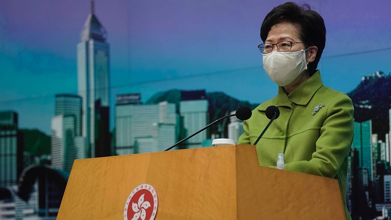 In this Jan. 26, 2021, file photo, Hong Kong Chief Executive Carrie Lam listens to reporters' questions during a press conference in Hong Kong.