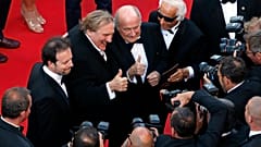 Gérard Depardieu en compgnie de Sepp Blatter et Frederic Auburtin lors du 67ème festival de Cannes, le 18 mai 2014, France