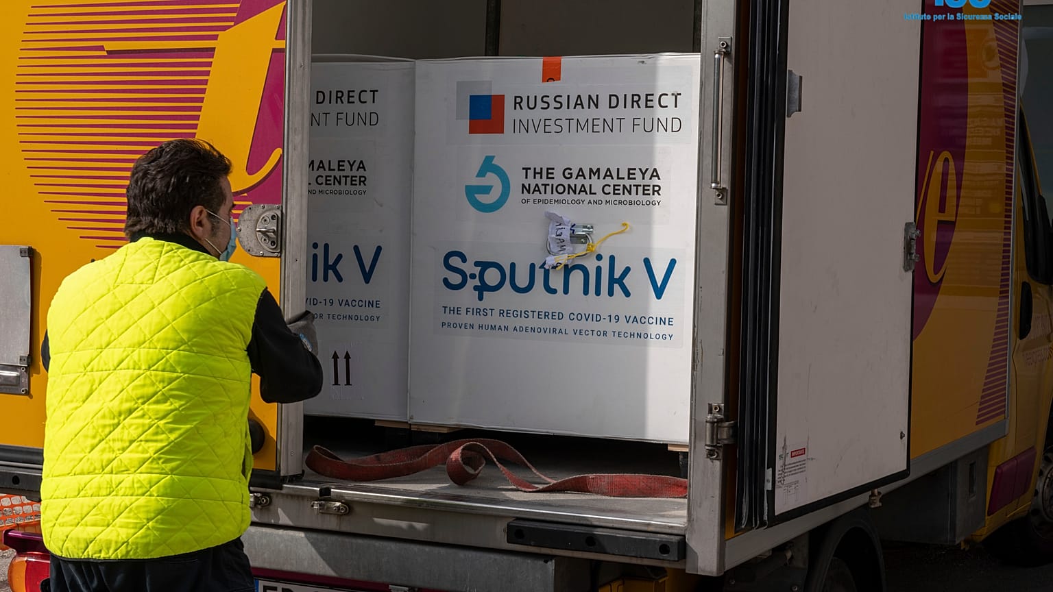 Boxes containing Russian vaccine Sputnik V are unloaded in San Marino, Tuesday, Feb. 23, 2021.