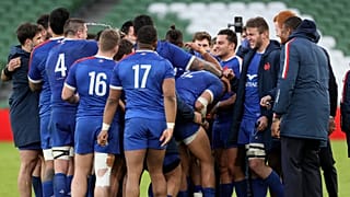 French players celebrate at the end of the Six Nations rugby union match between Ireland and France Aviva Stadium, Dublin, Sunday, Feb. 14, 2021.