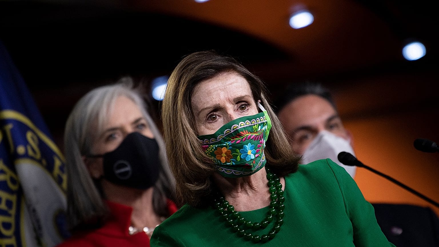 Speaker of the House Nancy Pelosi (D-CA) listens to a question during a press conference with other House Democratic leaders about Covid-19 financial relief and minimum wage.