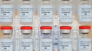 Vials of the Janssen COVID-19 vaccine, Johnson & Johnson’s single-dose injection.