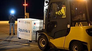 Russia's Sputnik V coronavirus vaccine arrives at Kosice Airport, Slovakia, Monday March 1, 2021.