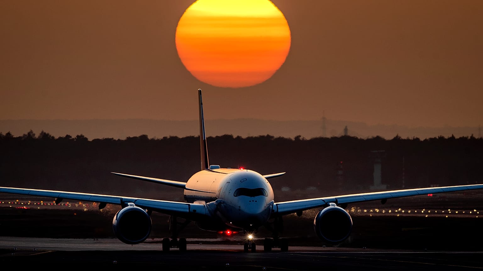 An aircraft rolls to the start at the airport in Frankfurt, Germany