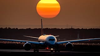 An aircraft rolls to the start at the airport in Frankfurt, Germany