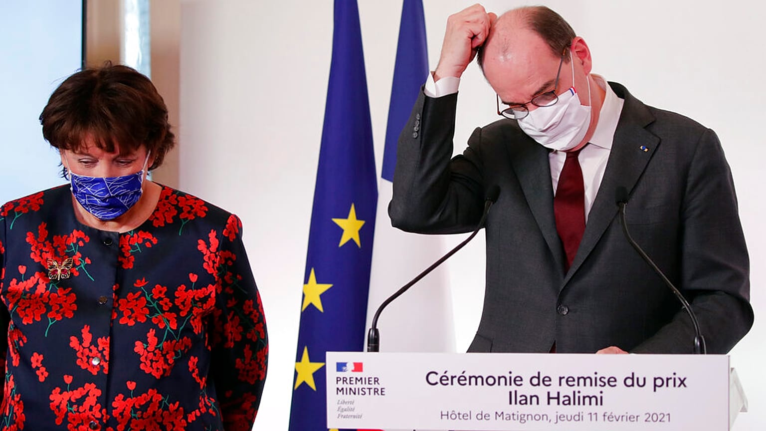 Jean Castex et Roselyne Bachelot à l'hôtel de Matignon, le 11 février 2021, Paris, France.