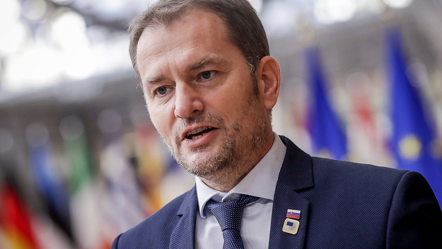 Slovakia's Prime Minister Igor Matovic arrives for an EU summit at the European Council building in Brussels on Oct. 15, 2020.