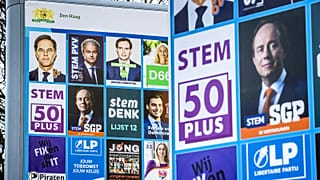 A picture taken in The Hague, on February 18, 2021 shows an election board installed ahead of the parliamentary elections.